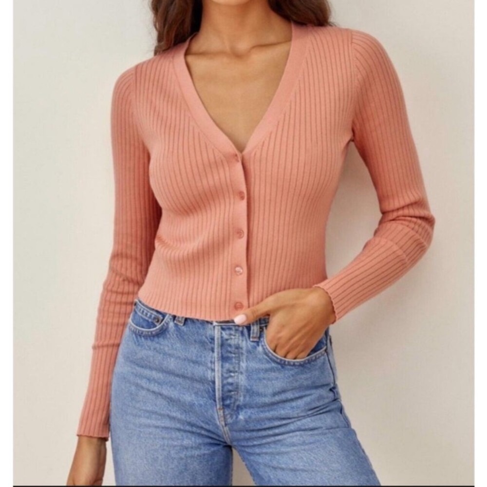 Reformation Gilda Ribbed V Neck Cardigan - Kelly Green - Picture 4 of 5